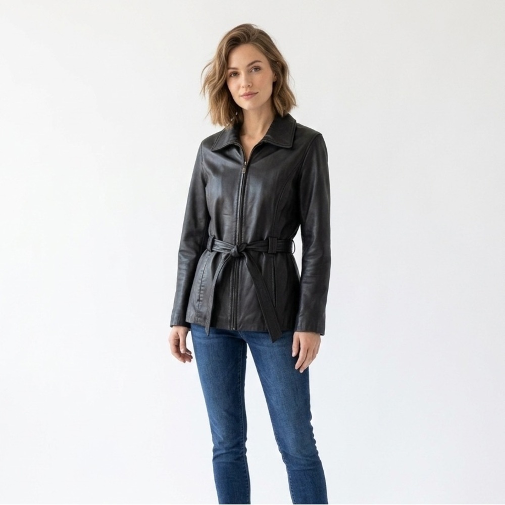 Wilda Vintage Black Leather Zip Up Belted Moto Jacket Size Small